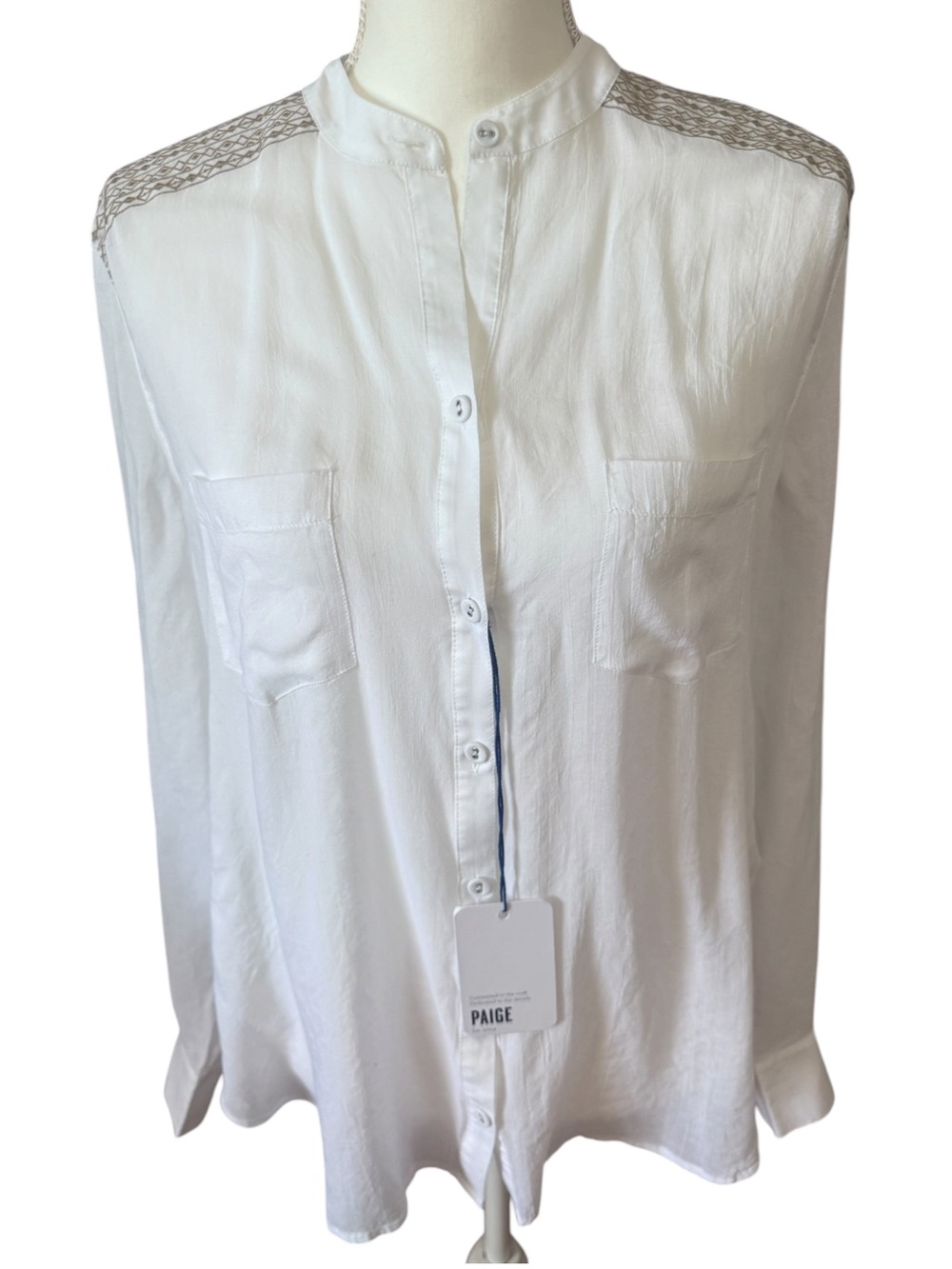 PAIGE “Mya” Embroidered Shoulders “Cloud White” Button Down Blouse NWT Sz Med/Lg